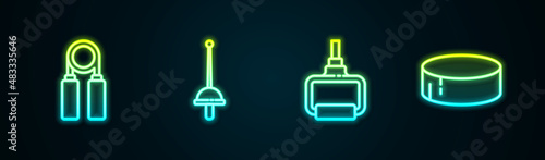 Set line Sport expander, Fencing, TPX loop training equipment and Hockey puck. Glowing neon icon. Vector