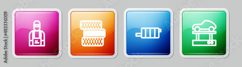 Set line Car mechanic, tire wheel, muffler and Repair car on lift. Colorful square button. Vector