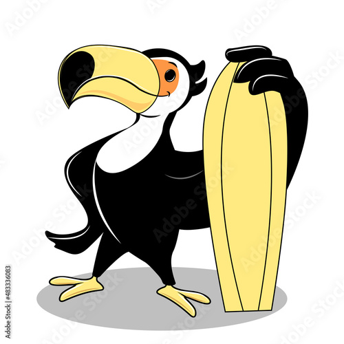 Cute summer toucan with surfboard. vector illustration isolated. Fashion sticker t-shirt design