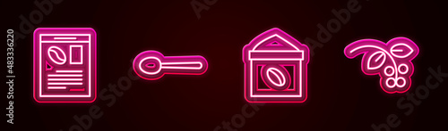 Set line Newspaper and coffee, Spoon, Bag beans and Coffee bean, branch. Glowing neon icon. Vector