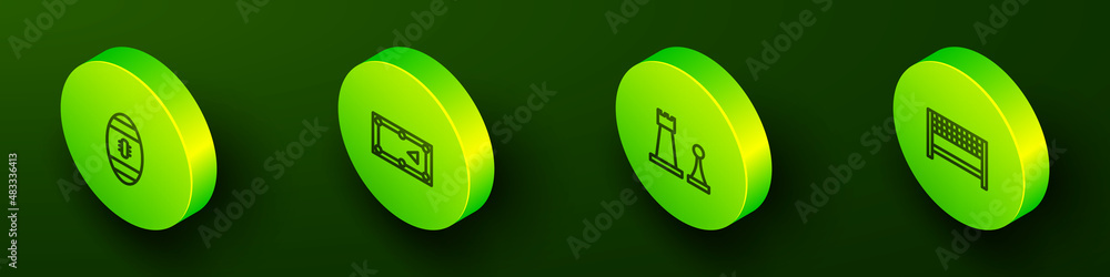 Set Isometric line American Football ball, Billiard table, Chess and Ribbon in finishing line icon. Vector Set Isometric line American Football ball, Billiard table, Chess and Ribbon in finishing line icon. Vector