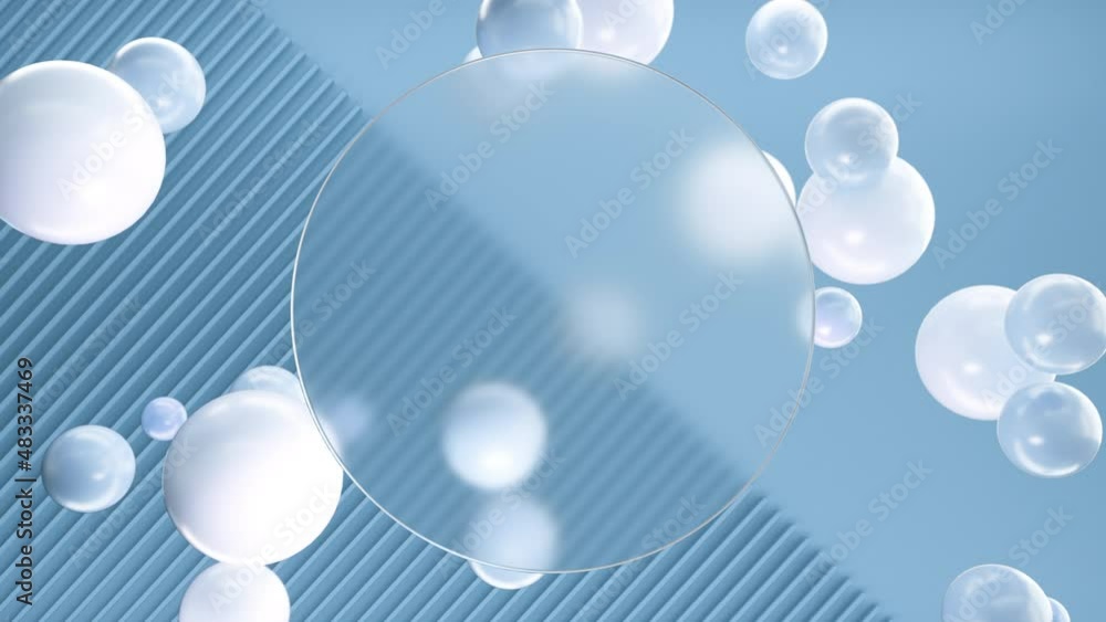 Frosted circle glass for inscriptions or logos with blue round spheres on a background of blue 3D lines and half a blank wall. Abstract rendering of intro video. Seamless looping animation. Frosted circle glass for inscriptions or logos with blue round spheres on a background of blue 3D lines and half a blank wall. Abstract rendering of intro video. Seamless looping animation.