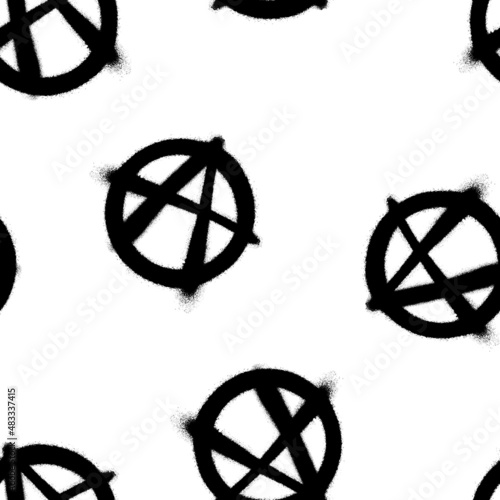 Seamless pattern of sprayed anarchy symbol. Vector illustration with overspray in black over white.