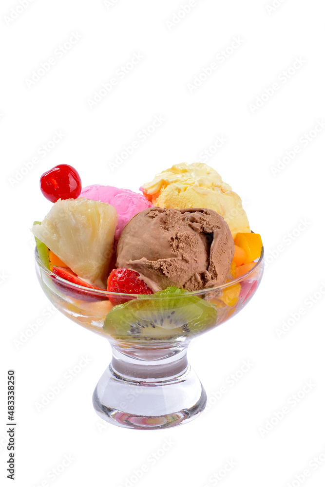 Ice cream with berries in glass bowl on white background. Dessert. Ice cream with berries in glass bowl on white background. Dessert.