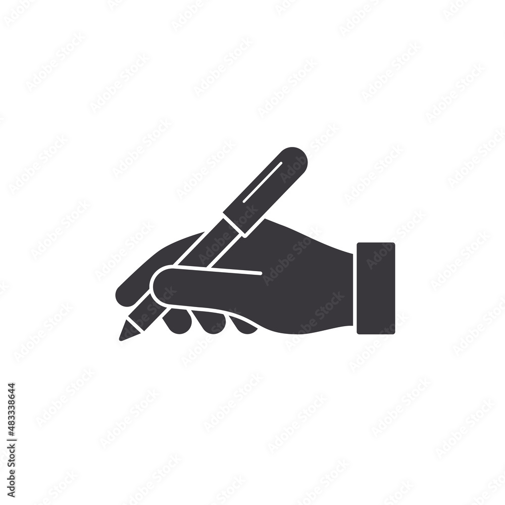 Hand hold pen icon. Hand writes symbol. Vector isolated black illustration Hand hold pen icon. Hand writes symbol. Vector isolated black illustration