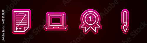 Set line Exam paper with incorrect answers, Laptop, Medal and Paint brush. Glowing neon icon. Vector