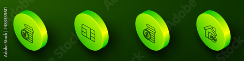 Set Isometric line Coin money with euro symbol, Credit card chip, dollar and House percant discount icon. Vector