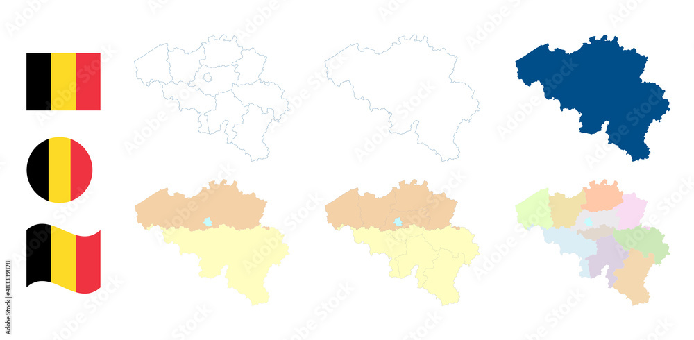 Obraz premium Belgium map. Detailed blue outline and silhouette. Administrative divisions, regions and provinces. Country flag. Set of vector maps. All isolated on white background. Template for design.