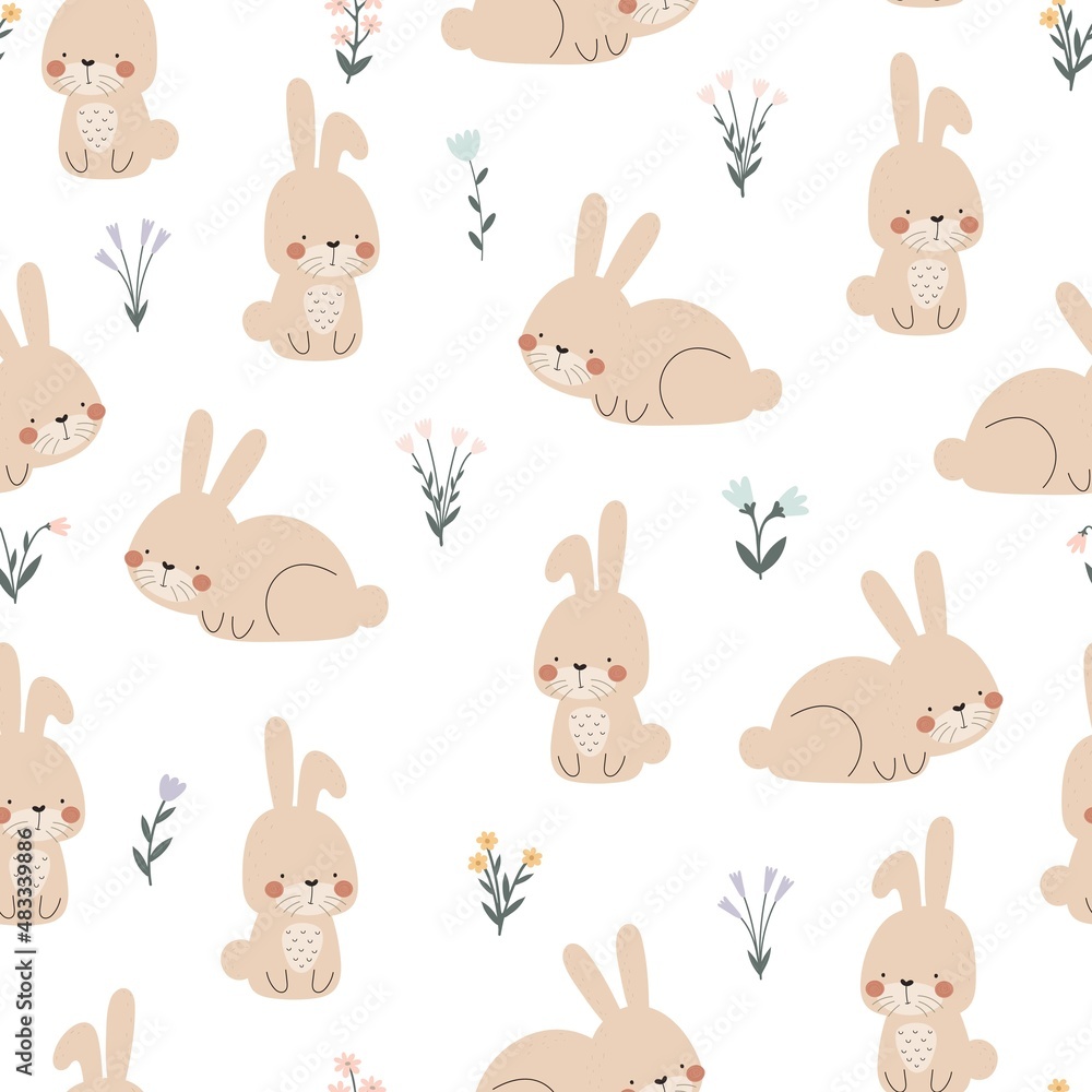Seamless pattern with bunny, flowers. Colorful vector flat for kids. hand drawing. baby design for fabric, print, wrapper, textile