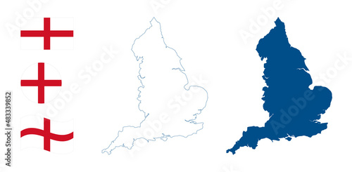 England map. Detailed blue outline and silhouette. Country flag. Set of vector maps. All isolated on white background. Template for design and infographics.