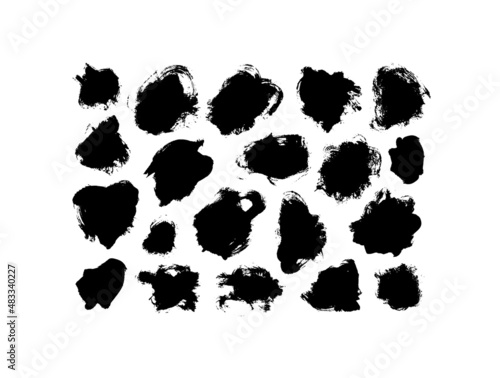 Vector grungy paint brush strokes collection. Circle and round black smears. Grunge dirty texture. Dry stroke lines with rough edges. Design element, round shapes, frame or background for text.