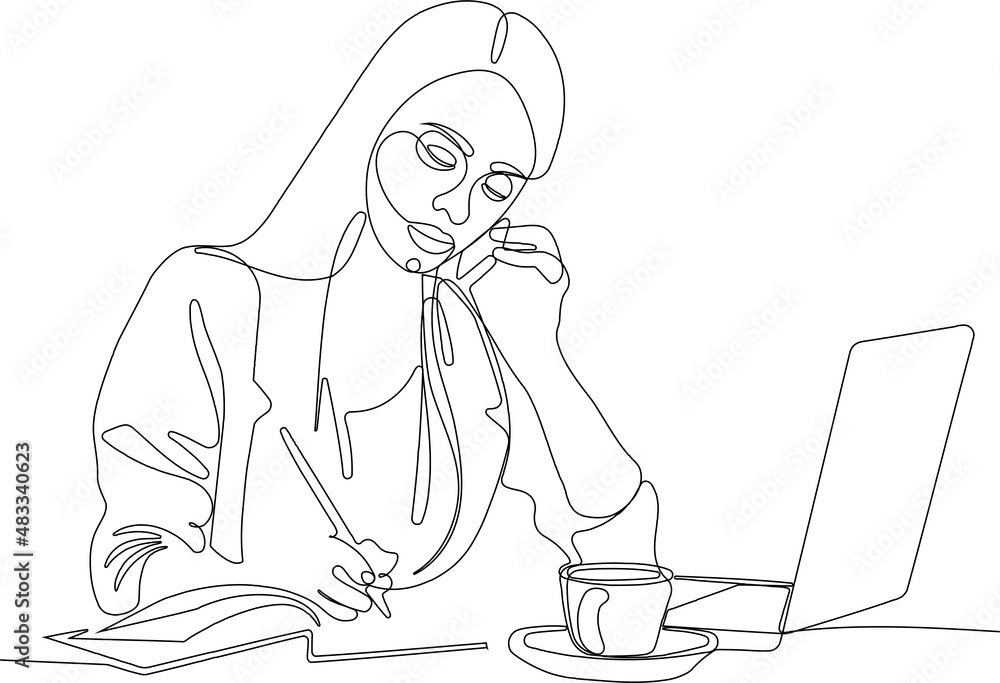 Continuous line drawing of loan officer negotiating with bank client about credit application business entities parties or young business woman working on laptop. One continuous line is the concept