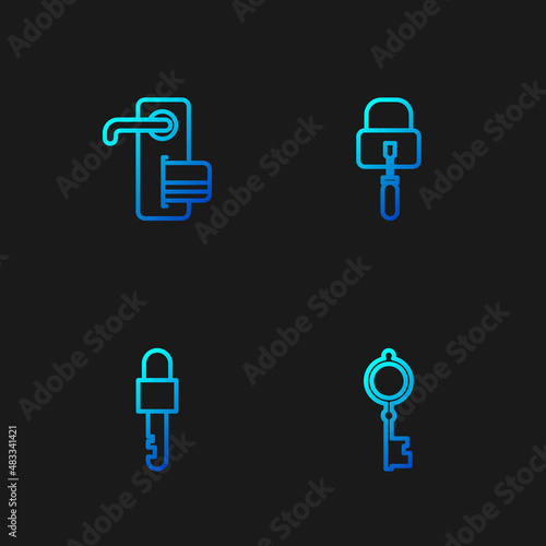 Set line Old key, Locked, Digital door lock and picks for picking. Gradient color icons. Vector