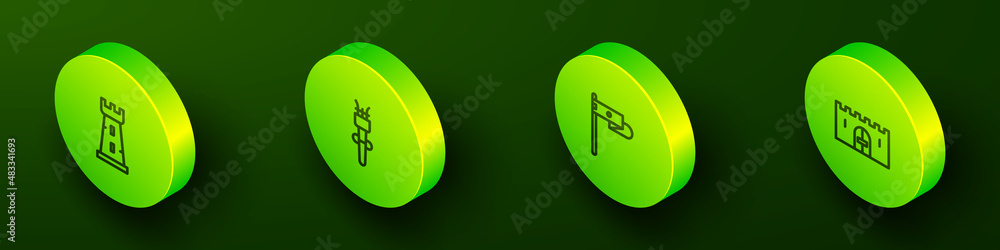 Set Isometric line Castle tower, Torch flame, Medieval flag and castle gate icon. Vector Set Isometric line Castle tower, Torch flame, Medieval flag and castle gate icon. Vector