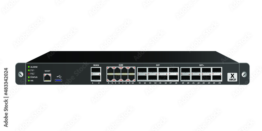 19" rackmount firewall with 1 management port, 1 USB port, 8 GBE ports