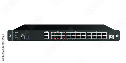 19" rackmount firewall with 1 management port, 1 USB port, 8 GBE ports, 8 SFP optical ports, 8 SFP+ optical ports and 2 WAN 10G SFP+ ports. Designed for carrier-class networks. vector illustration.
