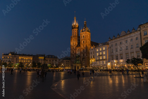 Night photos of the market square in the old town with St. Mary s Basilica.Krakow  old town.Poland.