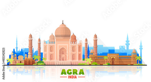 Agra India skyline with panorama in white background. Vector Illustration. Business travel and tourism concept with modern buildings. Image for banner or website.
