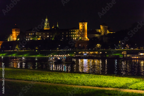 Night view of the Wawel Hill, the Royal Castle and the Wawel Cathedral.