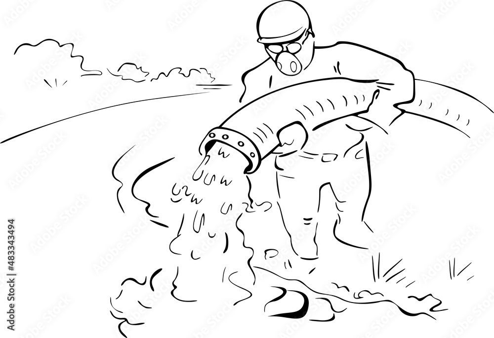 A man in a coverall and mask pours sewage from a pipe into the water
