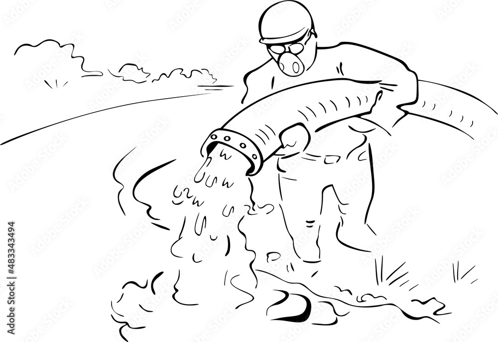 A man in a coverall and mask pours sewage from a pipe into the water
A man in a coverall and mask pours sewage from a pipe into the water