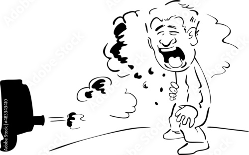 A man coughing from a large amount of exhaust fumes from a moving car
