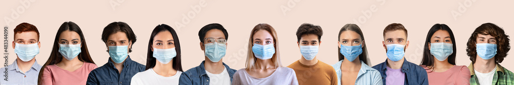 Collection of multiracial people wearing protection against coronavirus on pink studio background, panorama
