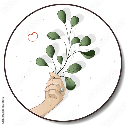 Green twig in hand. Hold the plant in your hand. Houseplant, home garden, gardening, plant lover, houseplant store concept, greenhouse.
