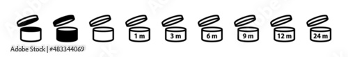 Expiration date after product opening symbols. Shelf life sign for label of product. Period 1, 3, 6, 9, 12, 24 mounts shelf life. Vector illustration isolated on white background. PAO symbols set.