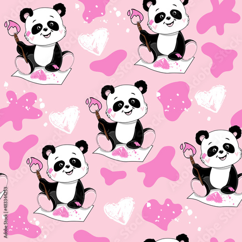 Fototapeta Naklejka Na Ścianę i Meble -  Funny panda draws a heart on a pink background seamless pattern. Vector cartoon illustration in kawaii style