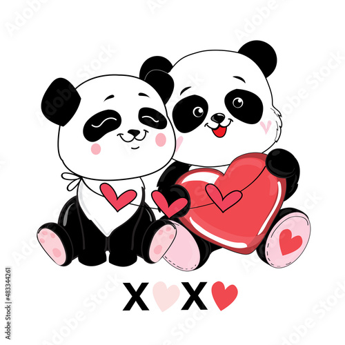 Fototapeta Naklejka Na Ścianę i Meble -  Two pandas in love with a heart for valentine's day. Vector illustration