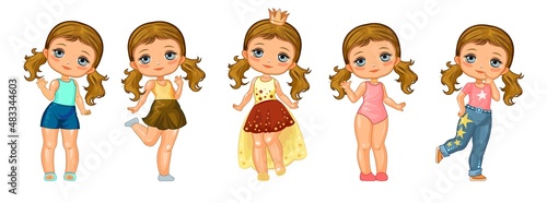 Cute little girl doll with pigtails. Fun cartoon style. Set of characters in different clothes and poses. Object isolated on white background. Vector