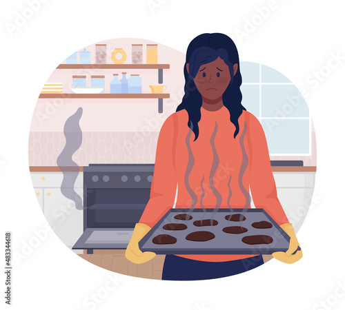 Burnt cookies 2D vector isolated illustration. Upset woman with failed baked food flat characters on cartoon background. Accident in kitchen. Everyday situation and daily life colourful scene