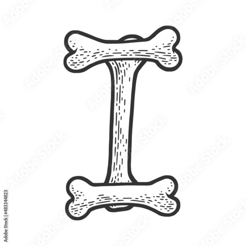 letter I made of bones sketch engraving vector illustration. Bones font. T-shirt apparel print design. Scratch board imitation. Black and white hand drawn image.