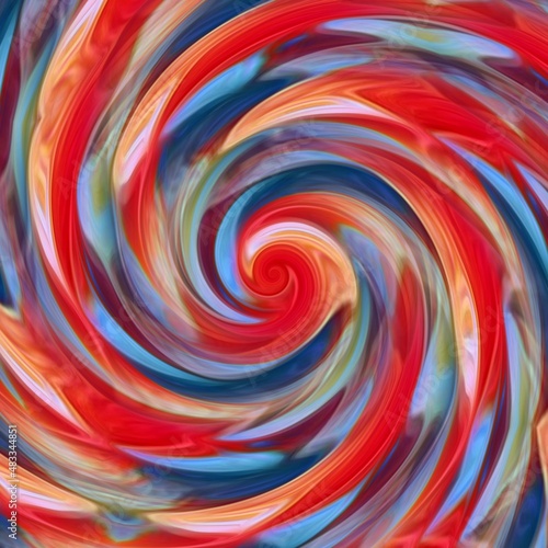 colourful patterns and spiraling design in red and dark and light blue
