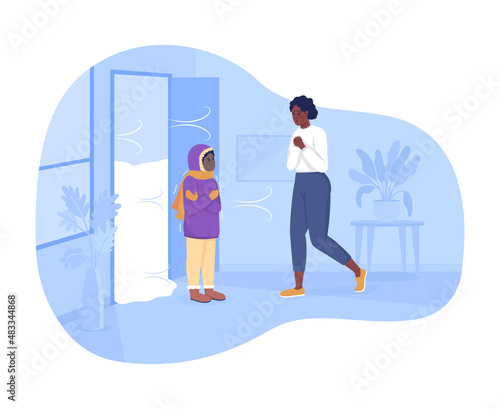 Freezing from cold weather 2D vector isolated illustration. Kid unwell. Child coming home to mother flat characters on cartoon background. Everyday situation and common tasks colourful scene