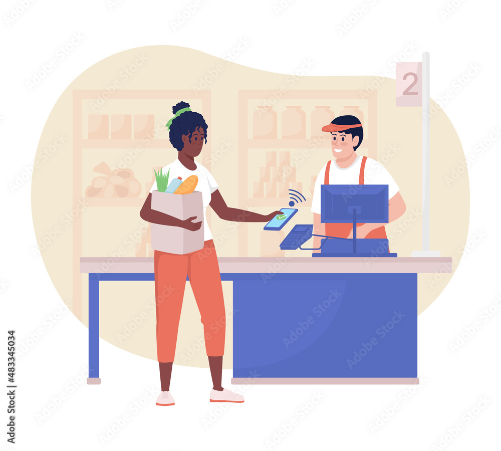 Buying groceries in store 2D vector isolated illustration. Woman paying with smartphone at checkout flat characters on cartoon background. Everyday situation and common tasks colourful scene Buying groceries in store 2D vector isolated illustration. Woman paying with smartphone at checkout flat characters on cartoon background. Everyday situation and common tasks colourful scene