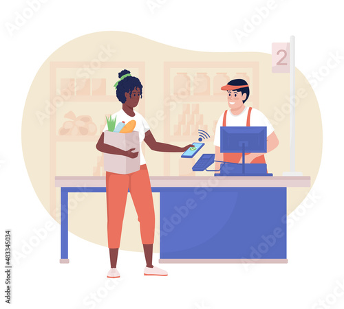 Buying groceries in store 2D vector isolated illustration. Woman paying with smartphone at checkout flat characters on cartoon background. Everyday situation and common tasks colourful scene