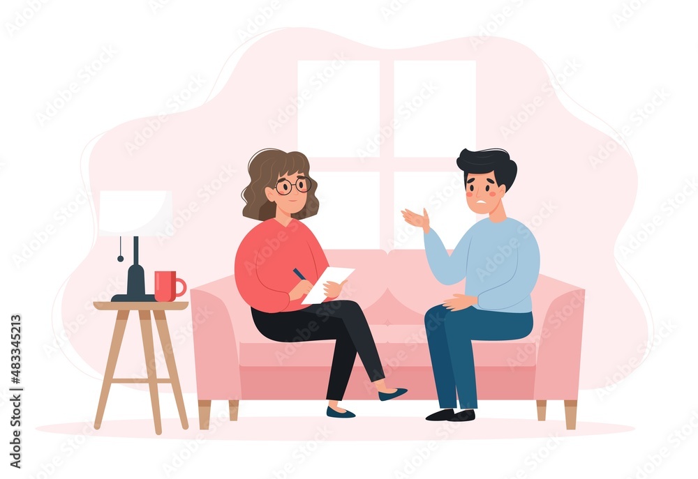Psychotherapy session - man talking to psychologist sitting on sofa. Mental health concept, vector illustration in flat style Psychotherapy session - man talking to psychologist sitting on sofa. Mental health concept, vector illustration in flat style