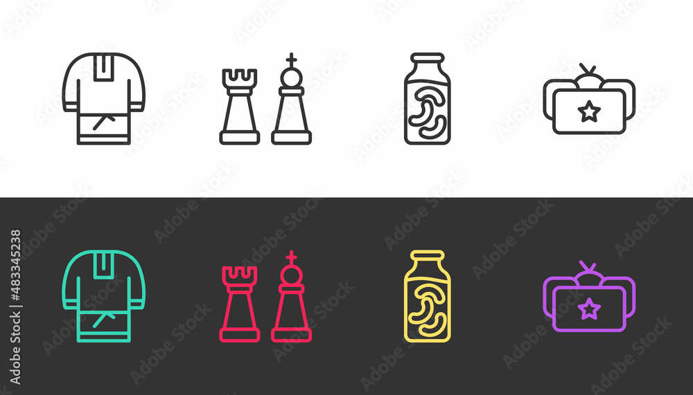Fototapeta premium Set line Kosovorotka, Chess, Pickled cucumbers in jar and Ushanka on black and white. Vector