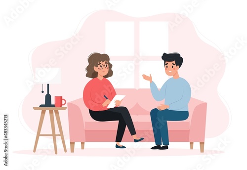 Psychotherapy session - man talking to psychologist sitting on sofa. Mental health concept, vector illustration in flat style