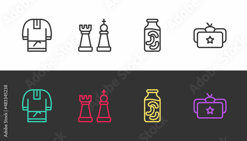 Set line Kosovorotka, Chess, Pickled cucumbers in jar and Ushanka on black and white. Vector