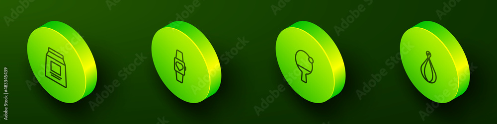 Set Isometric line Sports nutrition, Smartwatch, Racket and ball and Punching bag icon. Vector Set Isometric line Sports nutrition, Smartwatch, Racket and ball and Punching bag icon. Vector