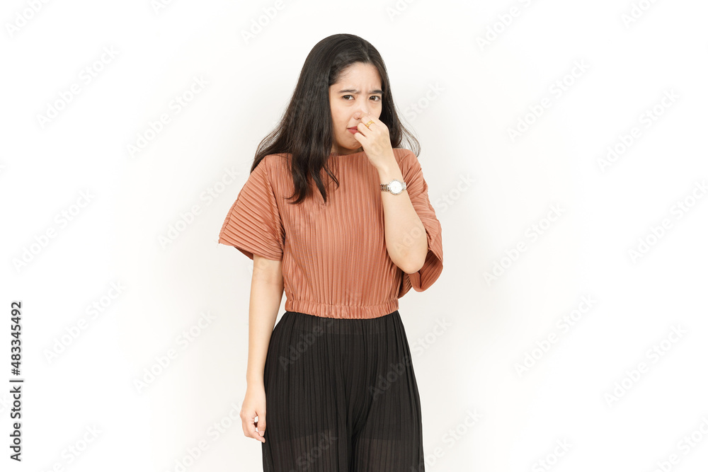 Smelling something stinky and disgusting Of Beautiful Asian Woman Isolated On White Background Smelling something stinky and disgusting Of Beautiful Asian Woman Isolated On White Background