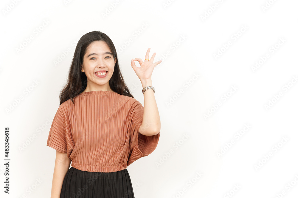 Showing Ok Sign Of Beautiful Asian Woman Isolated On White Background Showing Ok Sign Of Beautiful Asian Woman Isolated On White Background
