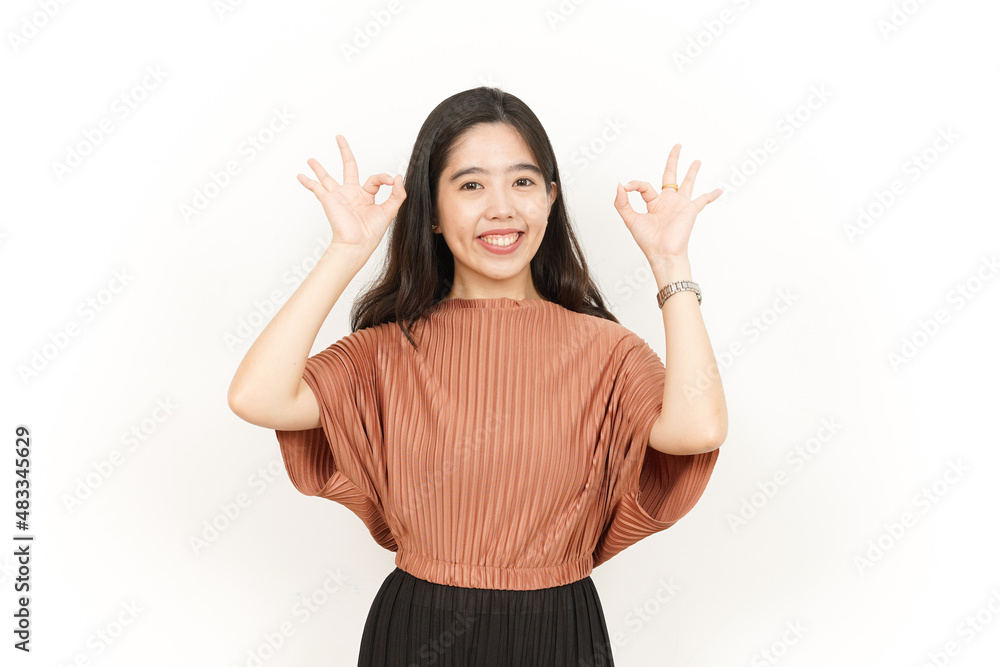 Showing Ok Sign Of Beautiful Asian Woman Isolated On White Background
