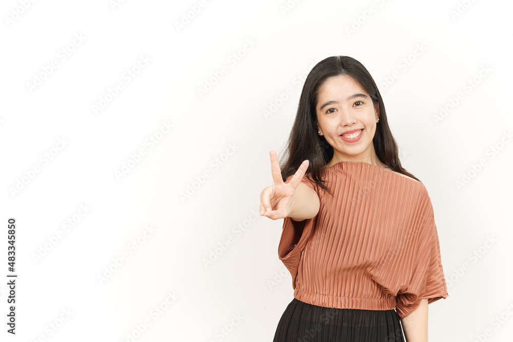 Showing Peace Sign Of Beautiful Asian Woman Isolated On White Background Showing Peace Sign Of Beautiful Asian Woman Isolated On White Background