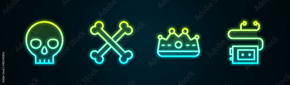 Set line Human skull, Crossed human bones, King crown and Museum audio guide. Glowing neon icon. Vector Set line Human skull, Crossed human bones, King crown and Museum audio guide. Glowing neon icon. Vector