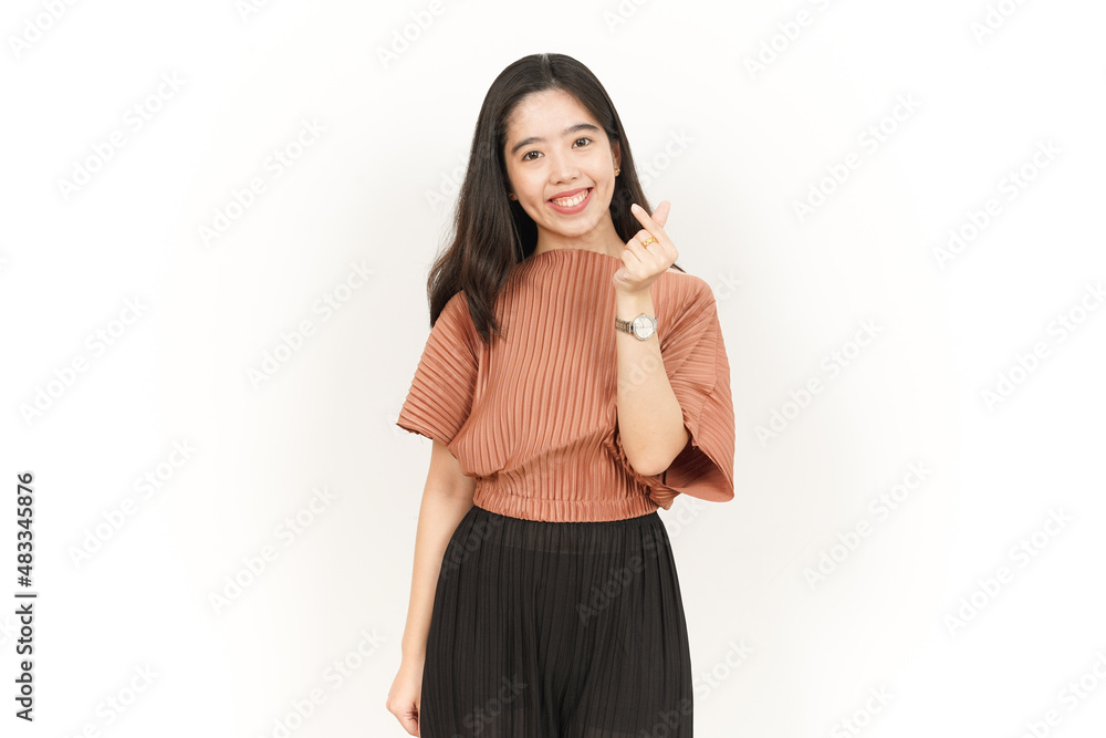 Showing Korean Love Finger Sign Of Beautiful Asian Woman Isolated On White Background Showing Korean Love Finger Sign Of Beautiful Asian Woman Isolated On White Background