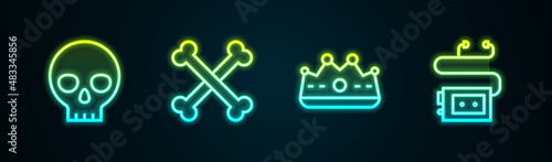 Set line Human skull, Crossed human bones, King crown and Museum audio guide. Glowing neon icon. Vector